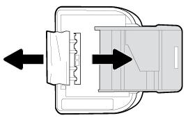 a. Trek de invoerlade naar buiten om ze te verlengen. b. Plaats de printer voorzichtig op zijn zij om de onderkant van de printer bloot te stellen. c.