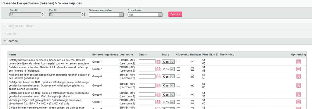 Wanneer je op het pijltje voor een leergebied klikt, verschijnen onder het leergebied de leerlijnen. Zo kun je kiezen of je per leergebied of per leerlijn wilt afvinken.
