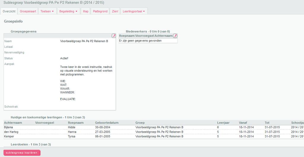 11. Je komt nu terecht in het overzichtsscherm van de sublesgroep waar de leerling naartoe is verplaatst. j.