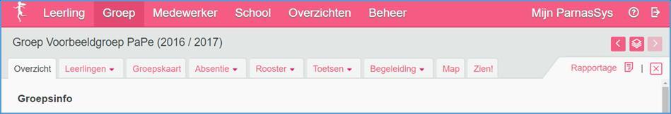 6. Groepskaart In dit hoofdstuk lees je informatie over de groepskaart in ParnasSys. 1. Ga naar groep, selecteer de juiste groep. 2. Bovenstaand scherm wordt dan zichtbaar. Klik op groepskaart.