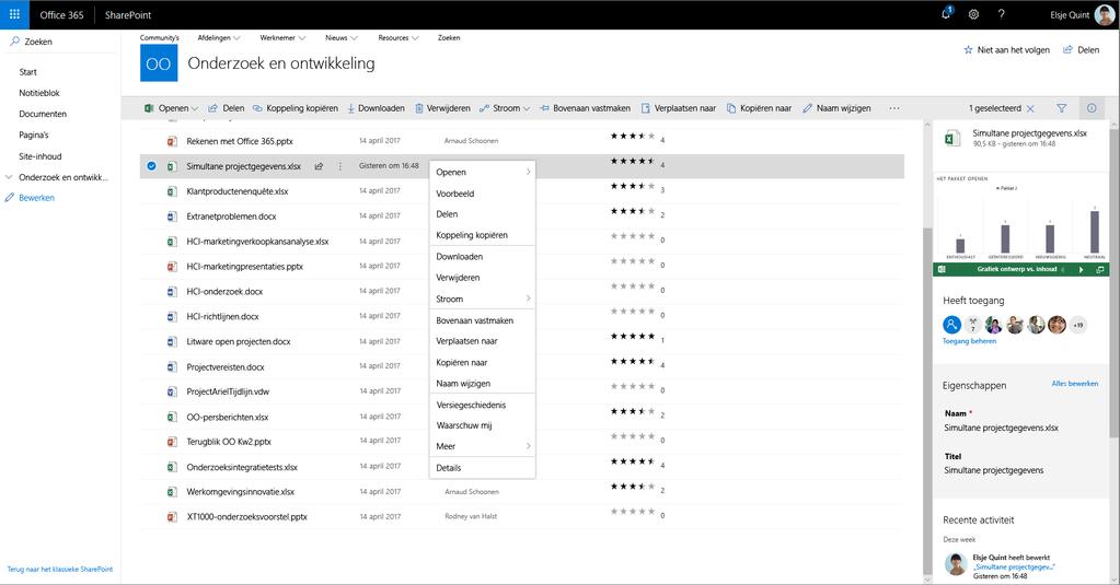 Werken met bestanden Selecteer een site op de SharePoint-startpagina of typ de URL in uw browser. Selecteer Documenten in het navigatiedeelvenster aan de linkerkant.