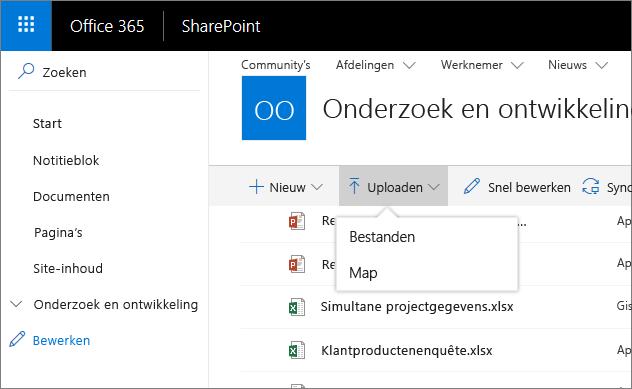 Bestanden en mappen maken en uploaden U kunt Nieuwe bestanden en mappen maken en bestaande bestanden en mappen uploaden vanaf uw apparaat. Selecteer in SharePoint Uploaden > Bestanden.