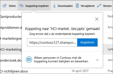 Koppeling kopiëren U kunt ook een bestand delen door de koppeling te kopiëren en te plakken in een e-mail, chatbericht, een webpagina of een OneNote-pagina.