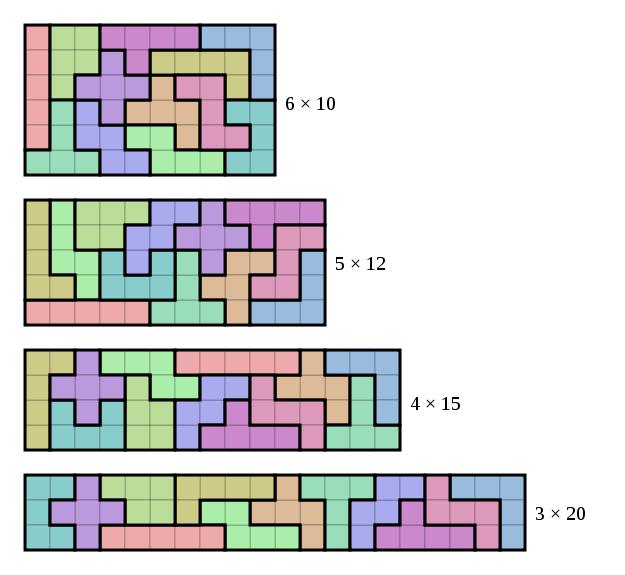 Kijk daarom nu naar een soortgelijke puzzel waarbij de verzameling van tegels wiskundig meer interessant is. Deze verzameling van tegels bestaat uit zogenaamde pentomino s.