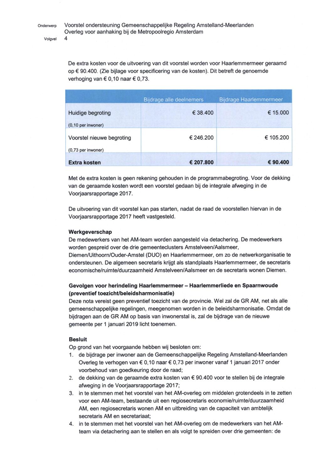 onderwerp Voorstel ondersteuning Gemeenschappelijke Regeling Amstelland-Meerlanden Overleg voor aanhaking bij de Metropoolregio Amsterdam Volgvel 4 De extra kosten voor de uitvoering van dit voorstel