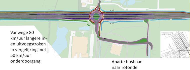 Alternatief 001A 50km/u: Hierbij wordt uitgegaan van een situatie binnen de bebouwde kom met een ontwerpsnelheid van 50km/u in de onderdoorgang ter plaatse van de Droevendaalsesteeg.