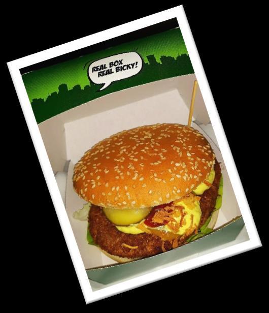 Bicky broodjes Bicky burger (crispyburger, sla, bicky sauzen, bicky ajuin, augurk) Bicky cheese (bicky met kaas) Bicky kip (kipburger, sla, bicky