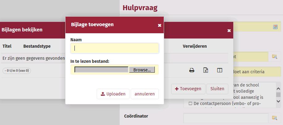 Klik op Bijlagen, er opent een nieuw scherm. Geef het bestand een herkenbare naam, datum, enz. Geen documenten samenvoegen, maar separaat aanleveren.