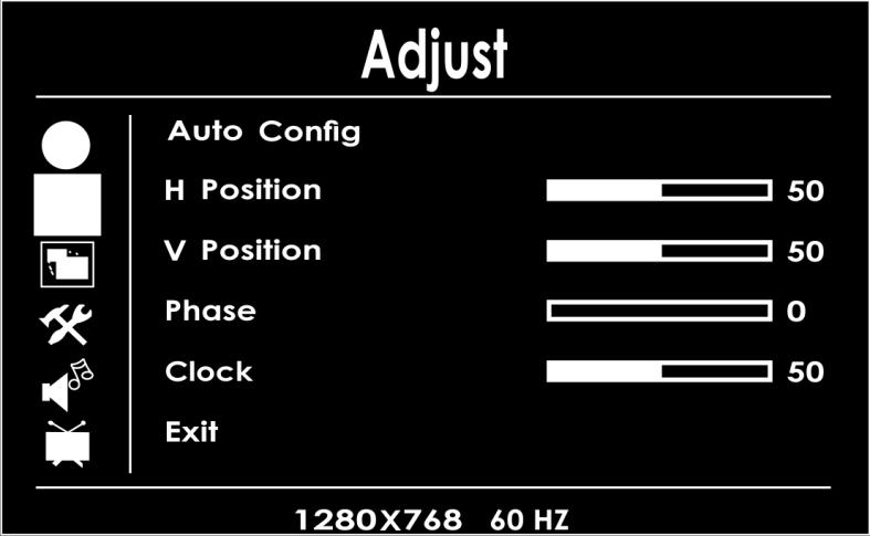 02) Adjust (aanpassen) In dit scherm kunt u de belangrijkste basisparameters van het display aanpassen, zoals: Auto Config (On/Off)
