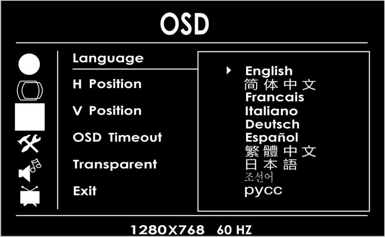 Vertical Position (verticale positie), OSD Timeout (time-out schermmenu) (hoe lang het schermmenu wordt weergegeven, indien er geen toetsen