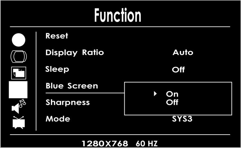 U kunt ook instellen of Blue Screen (blauw scherm) is ingeschakeld of niet. Het bepaalt de kleur van het apparaat voordat deze wordt aangesloten op een ander extern apparaat. Zie afb. 13.