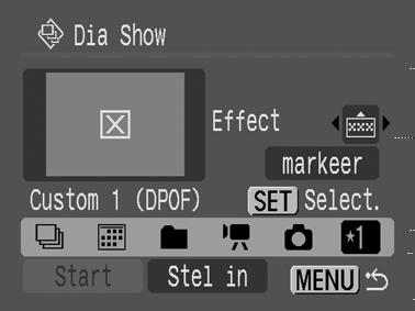 2 Selecteer (Custom 1), (Custom 2) of (Custom 3) met de knop of en druk op de knop FUNC./SET. Er wordt een vinkje ( ) weergegeven naast een diashow die al beelden bevat.