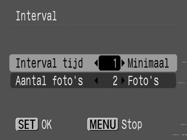 Het interval kunt u instellen tussen 1 en 60 minuten en het aantal beelden tussen 2 en 100.