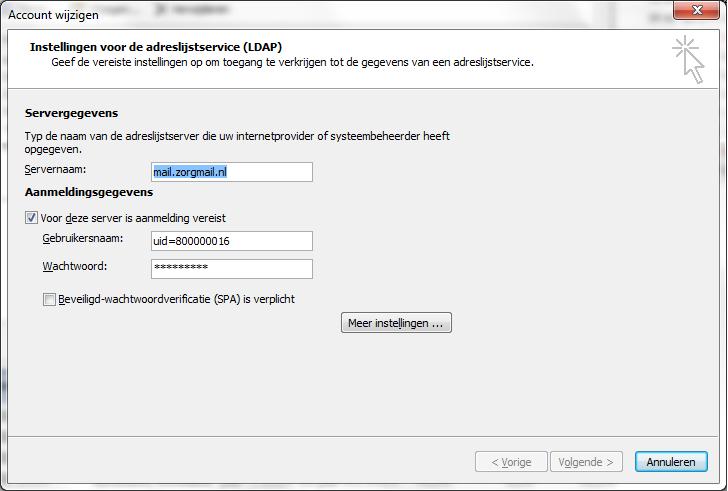 Vul de servernaam mail.zorgmail.nl in en Gebruikersnaam (ZorgMail klantnummer) en Wachtwoord (Hosted Mail Key).