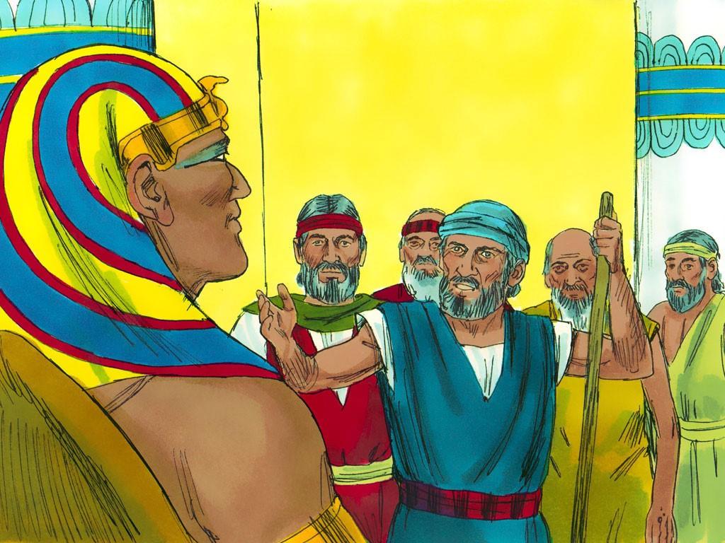 ozes en Aäron voor farao. Waar ging Mozes heen en wat was het verzoek?