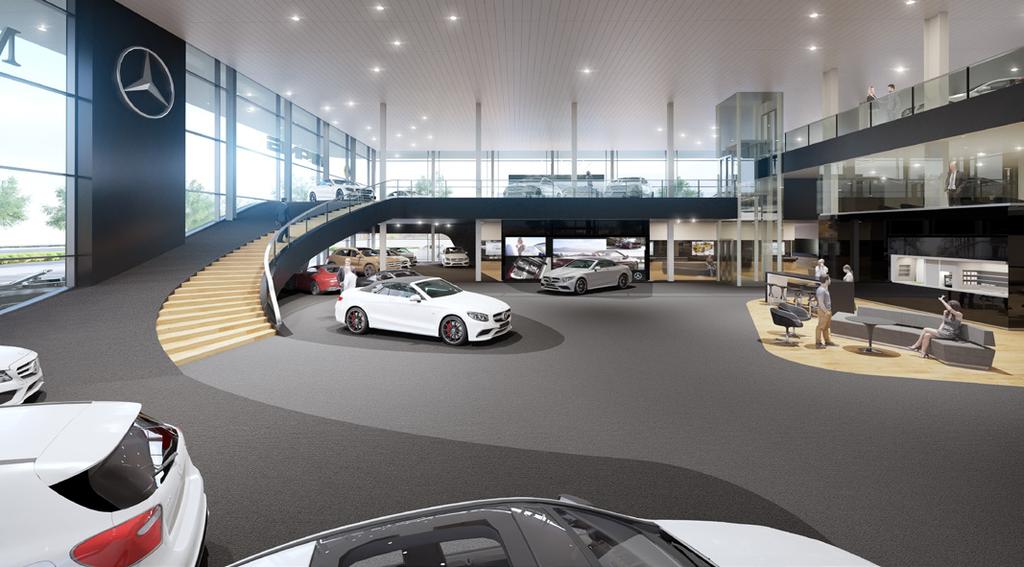 Flagship Store Mercedes-Benz Den Haag Nieuwe showroom Grote luie trap en glazen lift Een grote luie trap met helling ernaast verbindt de begane grond met de eerste verdieping waar het AMG-center is