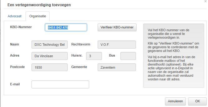 Bij elke actie uitgevoerd in e-deposit in naam van de organisatie zal automatisch een mail verstuurd worden naar dit adres.