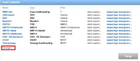 Exportprofiel toevoegen Om de koppeling toe te voegen dient te worden genavigeerd naar de exportprofielen: Beheer - > Export Een lijst is zichtbaar met bestaande exportprofielen.