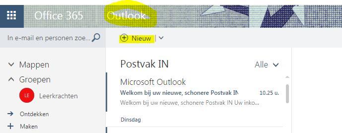 E-mail Klik nu terug op het raster en op Outlook. Om een mail te verzenden: klik op nieuw (zie gemarkeerde). OneDrive Dit is een online USB-stick.