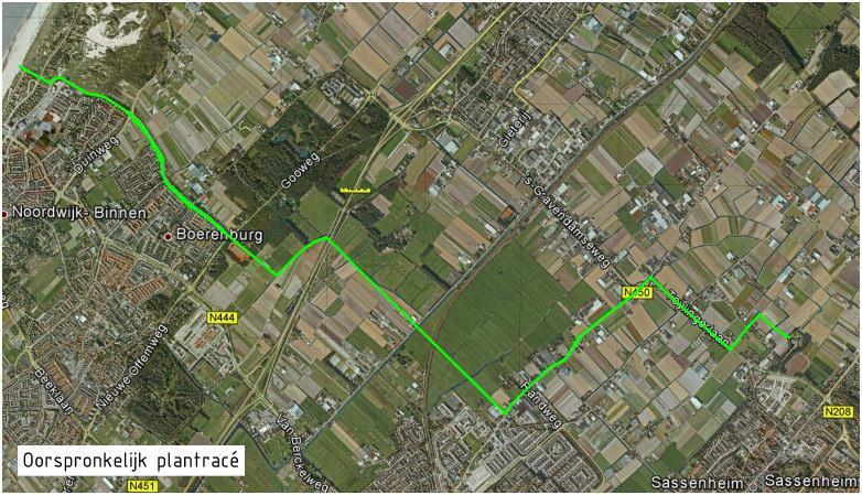 47 Afbeelding 4.1. Oorspronkelijke plantracé van de hoogspanningskabel Noordwijk-Sassenheim. Ligging van het tracé (gele lijn) weergegeven op een luchtfoto (Bron kaartondergrond: Google Earth).