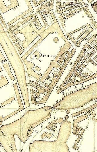 Op de kaart van 1875 de gieterij en metaalbedrijf Phoenix die zich toelegde op het maken van moderne weefgetouwen en later gereedschap ook stoom en