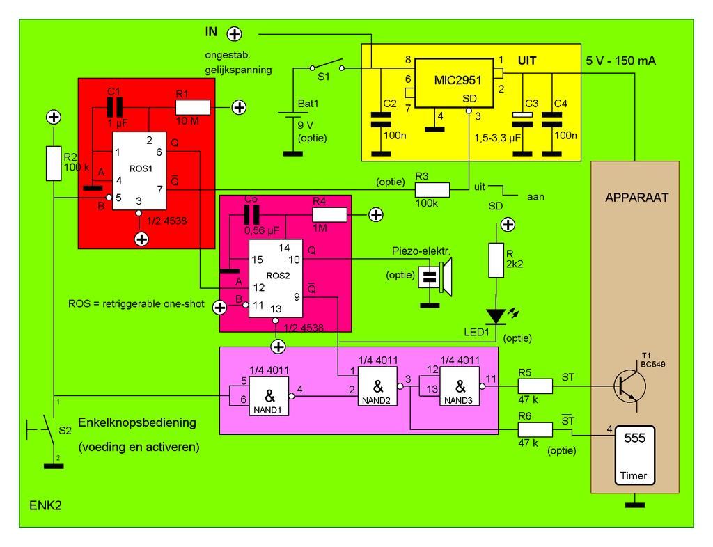 Inschakelautomaat ENK2 Hier is de MIC2951 toegepast als vaste 5 V spanningregelaar met afschakelmogelijkheid via SD (= shutdown), zie figuur 2.