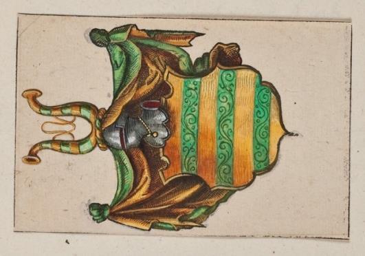 P 142 fol 062r onbekend, s.l., tussen ca 1590-1620 = Oijenbrugge. Rietstap: Brabant. In goud drie groene balken.