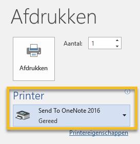 Wil je bijvoorbeeld een pdf koppelen aan een notitie, kies dan bij afdrukken voor een andere printer, namelijk OneNote.