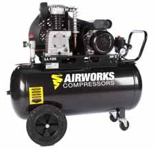 AIRWORKS PROFESSIONELE ZUIGERCOMPRESSOREN De Airworks professionele cilinder zuigercompressoren beschikken over laagtoerige pompen met gietijzeren cilinders en kleppenplaten.