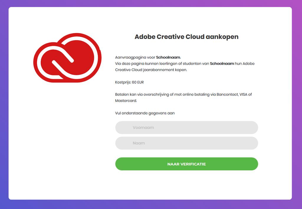 ADOBE CC AANKOPEN ZONDER VOUCHERCODE Stap 1 Indien je van de school een link verkrijgt om Adobe Creative Cloud aan te kopen zal je op de volgende pagina terecht komen.