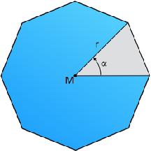 Middelpunt en straal In het midden van een veelhoek bevindt zich middelpunt M. De afstand van het middelpunt M tot een hoek noemen we straal r. Hoek α is gemakkelijk uit te rekenen.