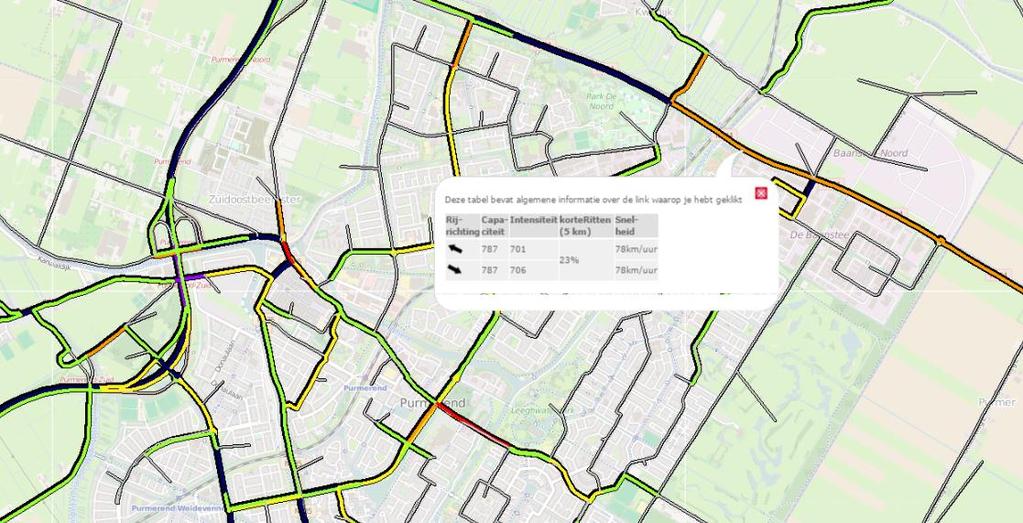 De kaart laat zien hoe hoog de verhouding is tussen de intensiteit (gebruik) en de capaciteit (de I/C verhouding) op de wegen in het