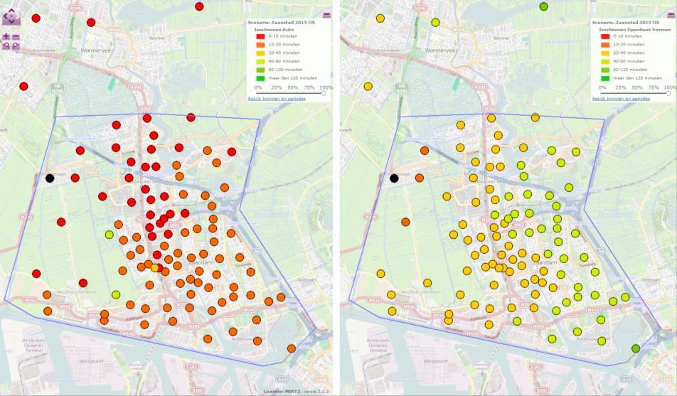 6.11 Reistijdisochronen auto/ov Doel: inzicht verkrijgen in de bereikbaarheid van een gebied met