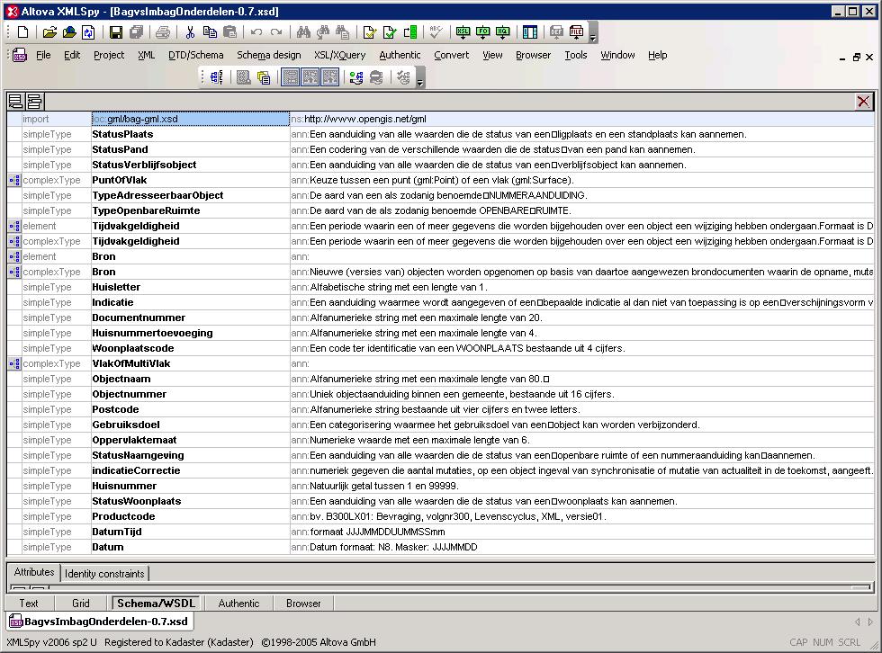 10 van 34 2.4.1 IMBAG onderdelen Dit schema beschrijft de datatypes welke gebruikt worden in IMBAG: BagvsImbagOnderdelen-0.7.xsd targetnamespace = http://www.kadaster.