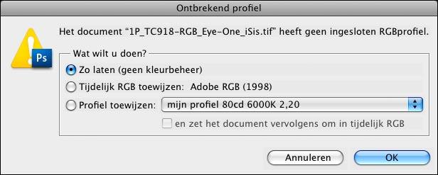 Openen van de testkaart Open het bestand P_TC98-RGB_Eye-One_iSis vanuit Photoshop. Het bestand heeft geen ingesloten profiel.