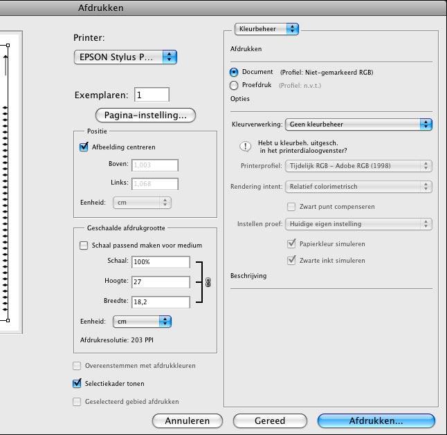 Afdrukken (Photoshop) Het onderliggende venster Afdrukken wordt weer zichtbaar. Zorg ervoor dat de optie Schaal passend maken voor medium niet is aangevinkt.