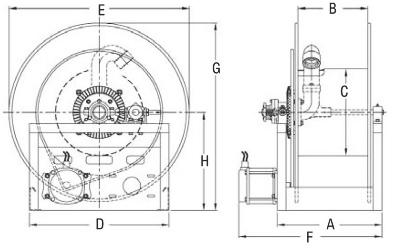 Reelcraft 5900 serie Robuuste haspels geschikt voor lange lengten slang van 2 tot en met 4. Tandwiel aangedreven of ketting gewonden, evt. voorzien van vertraging. Frame en spoel gepoedercoat.