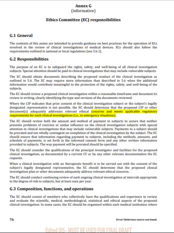 Annex G Ethics Committee responsibilities ANNEX G The contents of this annex are intended to provide guidance on best practices for the operation of ECs involved in the review of clinical