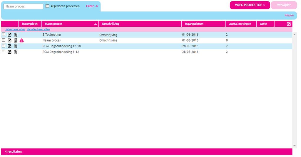 Afbeelding 1: Overzichtsscherm processen 1.2 Een proces aanmaken Om een nieuw proces aan te maken klik je op VOEG PROCES TOE rechtsboven het overzicht.