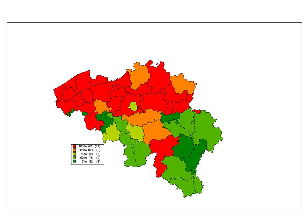 3.1.4. Salmonella: Verdeling en incidentie per arrondissement De figuren 2, 3 en 4 geven een overzicht van de incidentie van Salmonella (N/100.000 inwoners) per arrondissement.