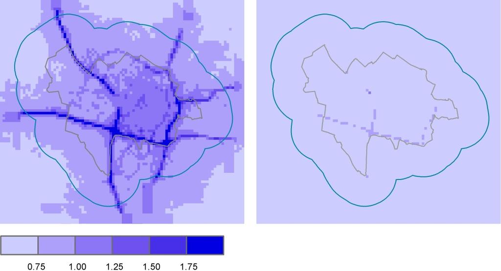 Figuur 4-3 EC-concentratie per 250x250 m in 2015 [links] en 2030 [rechts]. Grijze lijn: gemeentegrens; blauwe lijn: grens bufferzone.