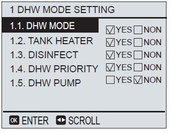 Warmwater boiler : Stel warmwater boiler in op interface volgens onderstaande setting keuze mogelijkheden: Ga naar menu vervolgens service man toets 666 in en ga naar DHW mode setting.