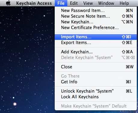 c) Voor MAC - Safari Open de Keychain Access Manager en navigeer naar File Import