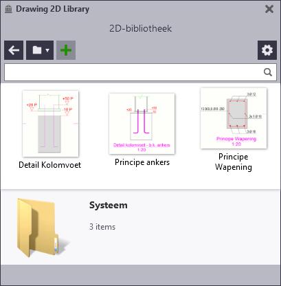 De 2D-bibliotheek gebruiken Om de 2D-bibliotheek te openen klikt u op de icoon. Met de menu Map kunt u tussen het Huidige model en de mappen Project, Bedrijf en Systeem schakelen.