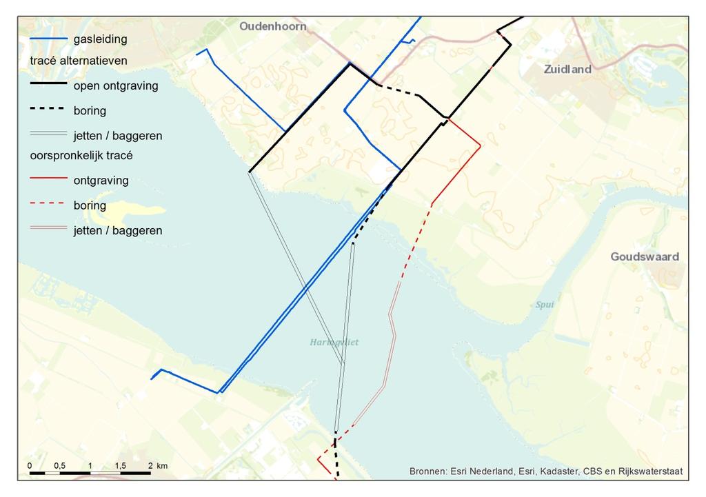 Figuur 5 - Varianten voor deeltracé 3 Bij de keuze voor het voorkeurstracé spelen twee factoren een belangrijke rol. Ten eerste de (mogelijke) verstoring van (met name) de Beninger slikken.