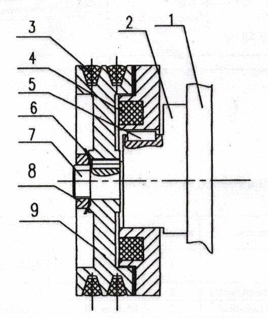 Fig.9 1. spilkop, 2. mof, 3. riemen, 4. magnetisch slot, 5.
