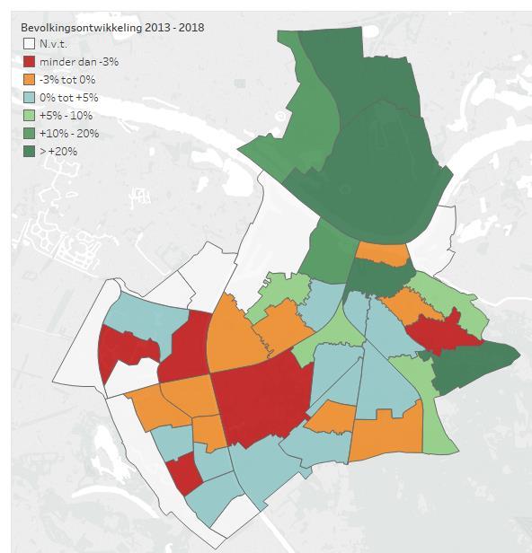 Figuur 21 Toe- en afname bevolking per wijk, 213-218, bron: BRP Map =