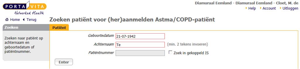 Kies Astma/COPD en voer de geboortedatum en minimaal de eerste twee letter van de naam in.