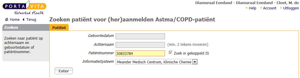 Aanmelden via zoeken in IS Als het Meander patiëntnummer van de patiënt bekend is, kan deze opgezocht worden in het ZIS.