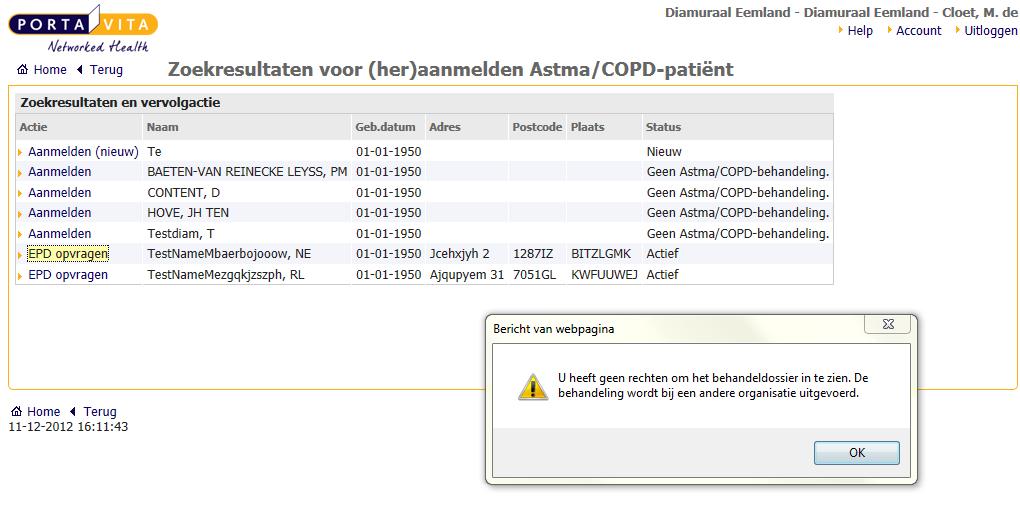 De melding U heeft geen rechten Als na het kiezen van EPD opvragen het bericht verschijnt dat u geen rechten heeft om het dossier in te zien, betekent dit dat deze patiënt is ingevoerd met een